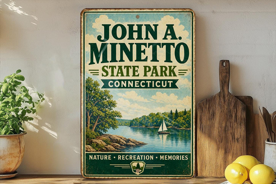 A vintage-style sign for John A. Minetto State Park in Connecticut, featuring a scenic lake and sailboat illustration.