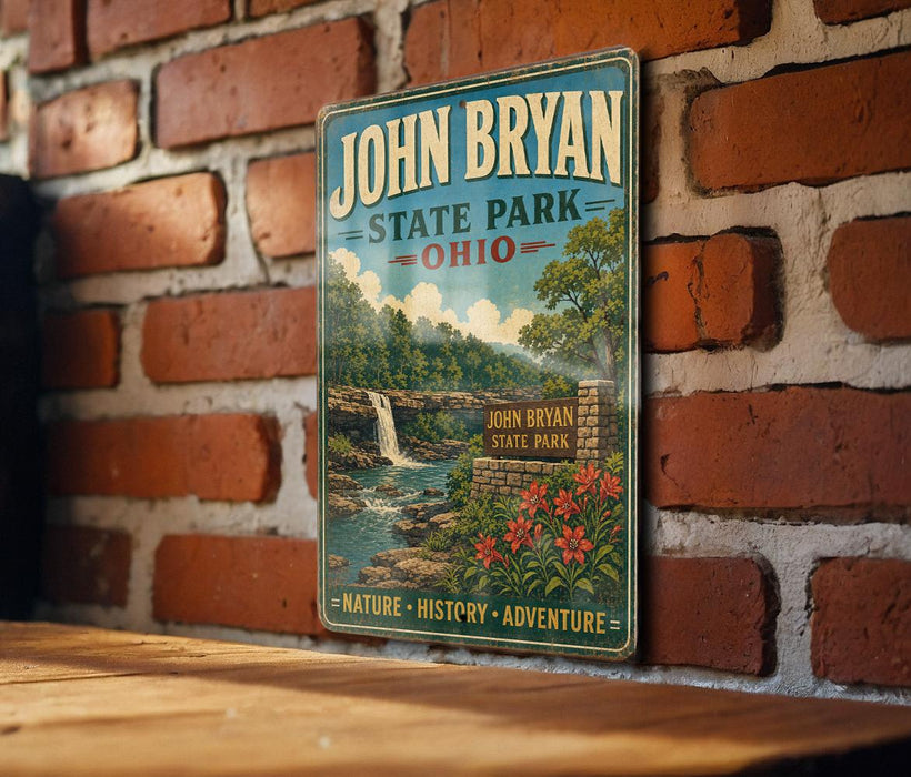 A vintage-style metal sign for John Bryan State Park in Ohio, featuring a scenic landscape with a waterfall and flowers.