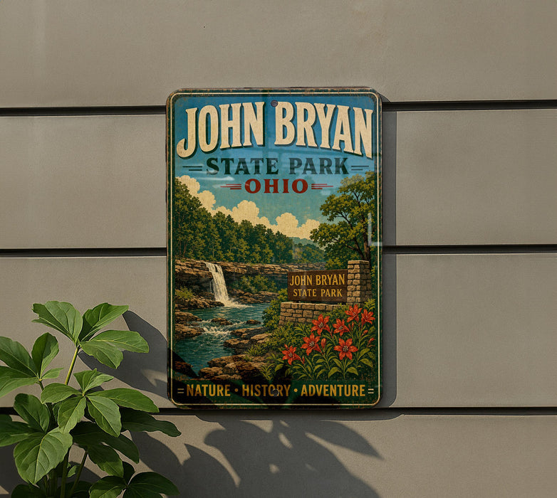 A vintage-style metal sign for John Bryan State Park in Ohio, featuring a scenic landscape with a waterfall and lush greenery.