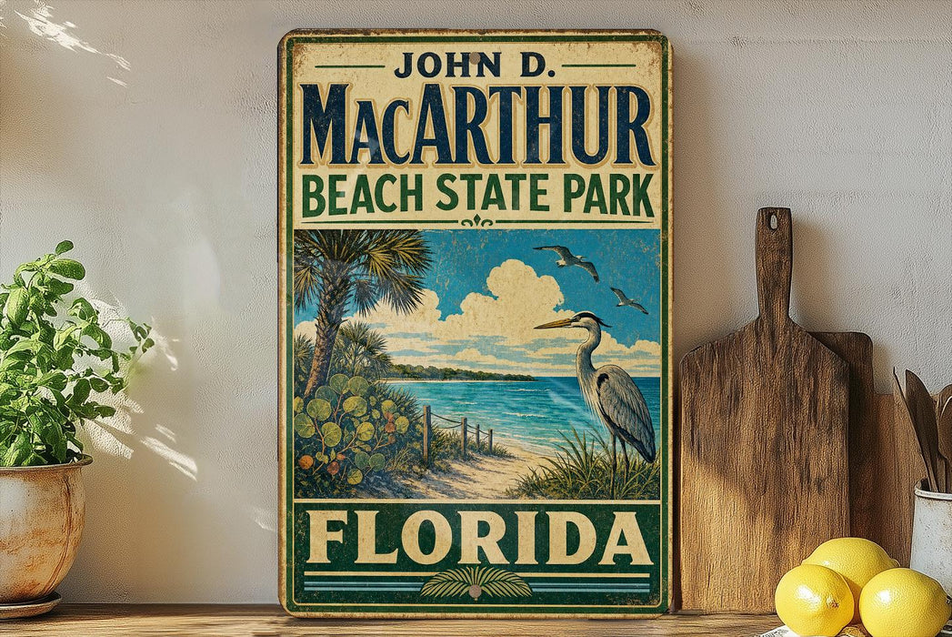 A vintage-style sign for John D. Mac Arthur Beach State Park in Florida, featuring a beach scene with palm trees, a heron, and a blue sky with clouds.