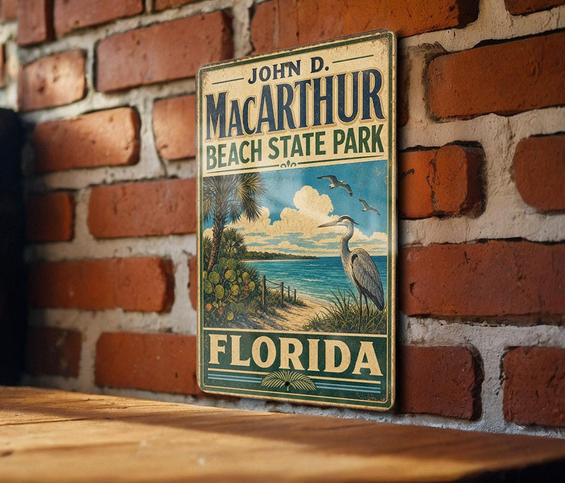 A vintage-style metal sign for John D. Mac Arthur Beach State Park in Florida, featuring a beach scene with palm trees and a bird, is displayed on a brick wall.