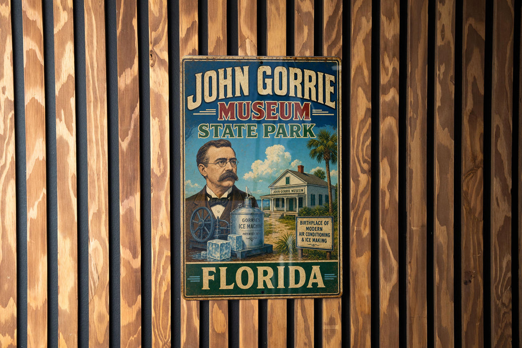 A vintage-style metal sign for the John Gorrie Museum in Florida, featuring an illustration of a man in a suit and tie standing in front of a building with a palm tree.