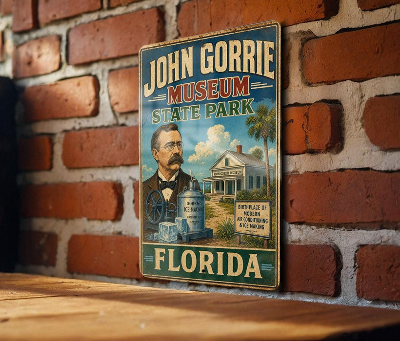 A vintage-style metal sign for the John Gorrie Museum in Florida, featuring an illustration of a man in a suit and tie, a large ice machine, and a palm tree.