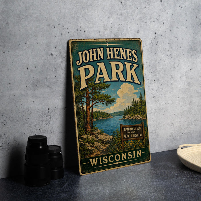 A vintage-style metal sign for John Hens Park in Wisconsin, featuring a scenic landscape with a lake and pine trees.