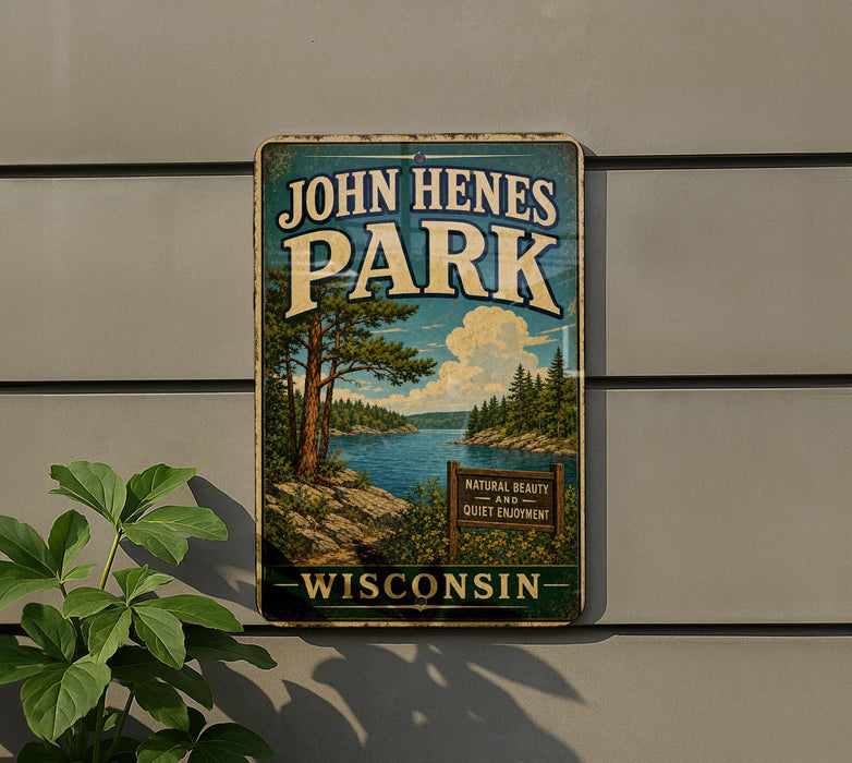 A vintage-style sign for John Henes Park in Wisconsin, featuring a scenic landscape with a lake and pine trees.