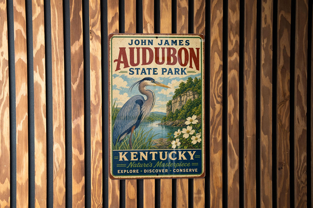 A vintage-style metal sign for John James Audubon State Park in Kentucky, featuring a blue heron and a scenic landscape.