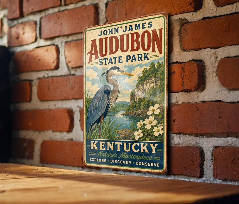 A vintage-style metal sign for John James Audubon State Park in Kentucky, featuring a large blue heron and a scenic landscape.