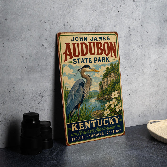 A vintage-style sign for John James Audubon State Park in Kentucky, featuring a large blue heron and a scenic landscape.