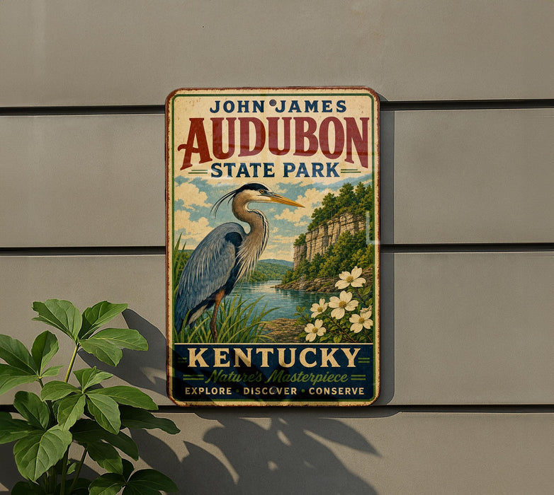 A vintage-style metal sign for John James Audubon State Park in Kentucky, featuring a blue heron and a scenic landscape.