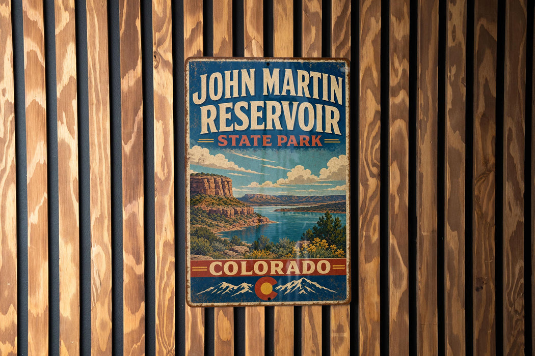 A vintage-style metal sign for John Martin Reservoir, a state park in Colorado, is displayed on a wooden wall.
