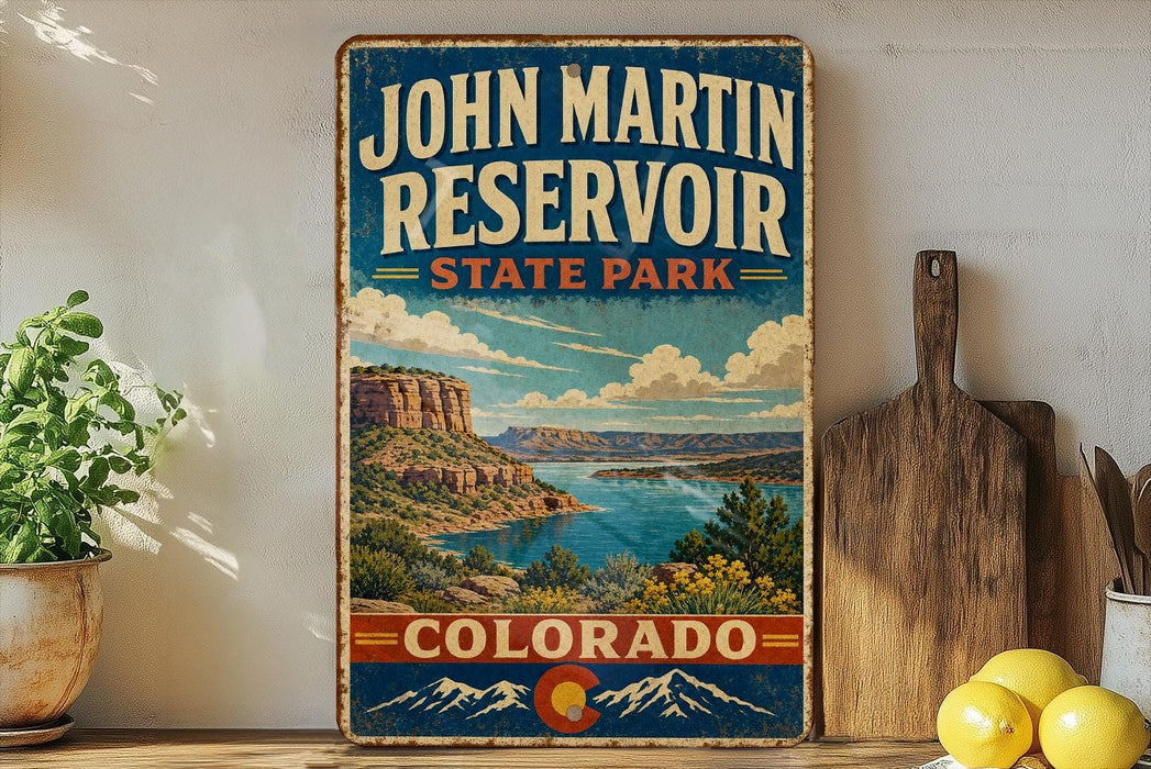 A vintage-style sign for John Martin Reservoir, a state park in Colorado, featuring a scenic landscape with mountains, water, and a lake.