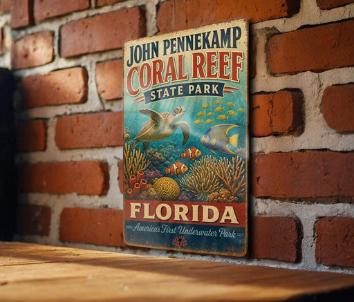 A vintage-style metal sign for John Pennekamp Coral Reef State Park in Florida, featuring an illustration of a coral reef and marine life.