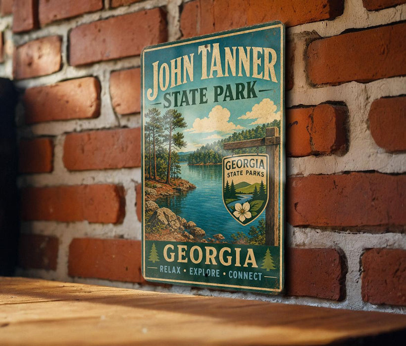 A vintage-style metal sign for John Tanner State Park in Georgia, featuring a scenic landscape with a lake and pine trees.