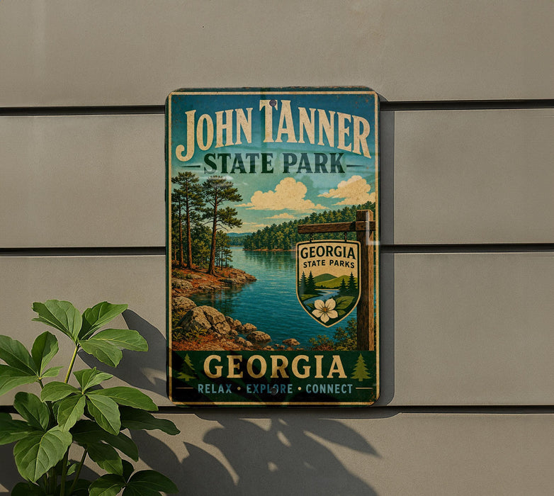 A vintage-style sign for John Tanner State Park in Georgia, featuring a scenic landscape with a lake and pine trees.