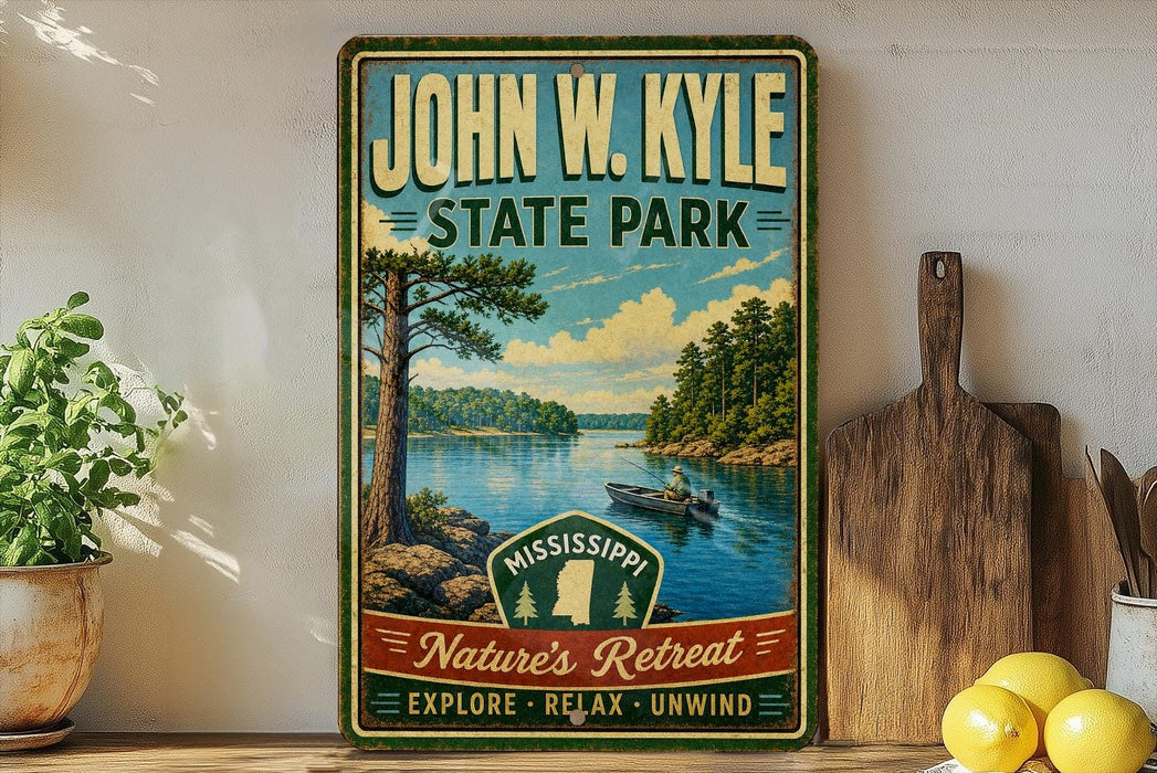 A vintage-style sign for John W. Kyle State Park, featuring a scenic image of a lake surrounded by pine trees and mountains.