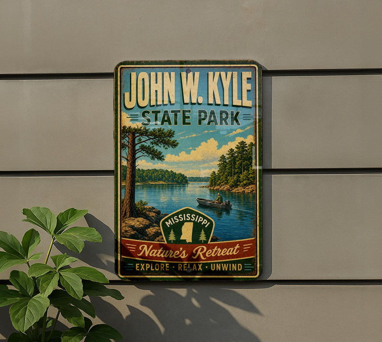 A vintage-style metal sign for John W. Kyle State Park, featuring a scenic landscape with a lake, trees, and a boat.