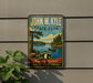 A vintage-style metal sign for John W. Kyle State Park, featuring a scenic landscape with a lake, trees, and a boat.
