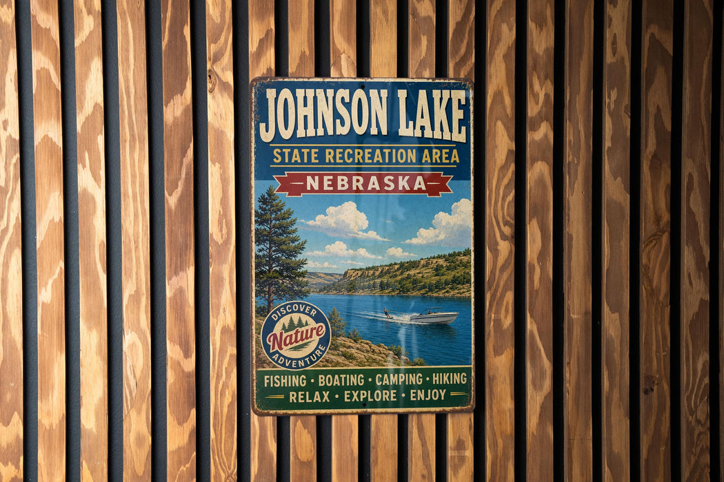 A vintage metal sign for Johnson Lake, Nebraska, featuring a scenic image of the lake and surrounding landscape.
