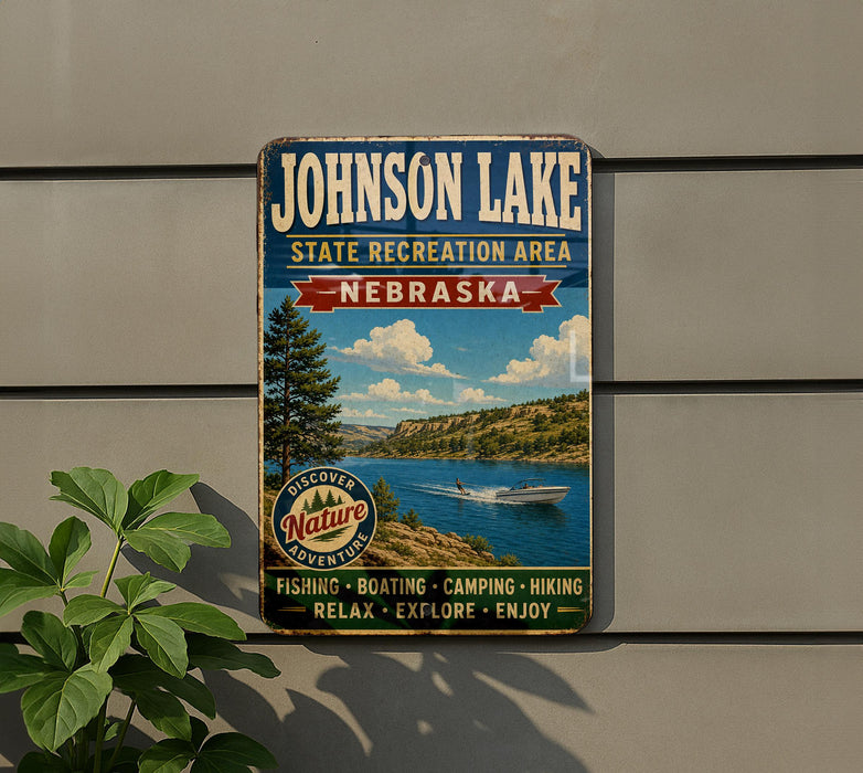 A vintage-style metal sign for Johnson Lake, Nebraska, featuring a scenic image of a lake surrounded by mountains and a boat on the water.