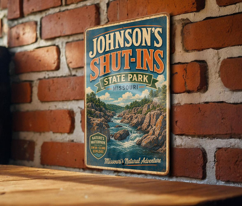 A vintage-style metal sign for Johnson's Shut-Ins State Park in Missouri, featuring a scenic illustration of a river and mountains.