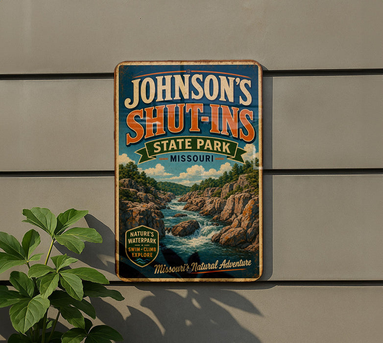 A vintage-style metal sign for Johnson's Shut-Ins State Park in Missouri, featuring a scenic illustration of a river and mountains.