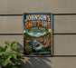 A vintage-style metal sign for Johnson's Shut-Ins State Park in Missouri, featuring a scenic illustration of a river and mountains.