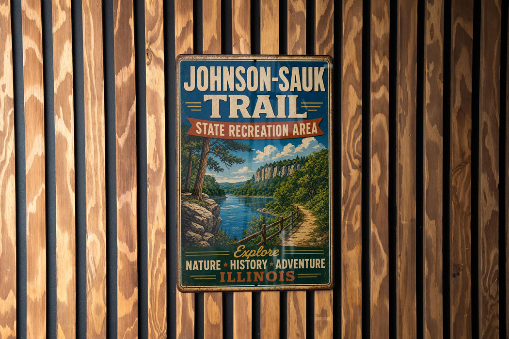 A vintage metal sign for the Johnson-Sauk Trail, located in the State Recreation Area of Illinois, is displayed on a wooden wall.