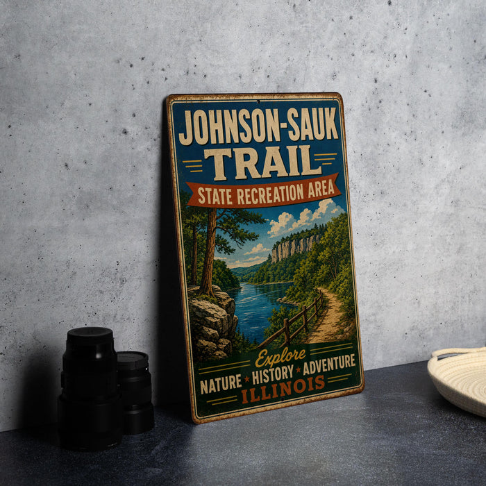 A vintage-style metal sign for the Johnson-Sauk Trail, advertising the State Recreation Area, is displayed on a gray concrete surface.