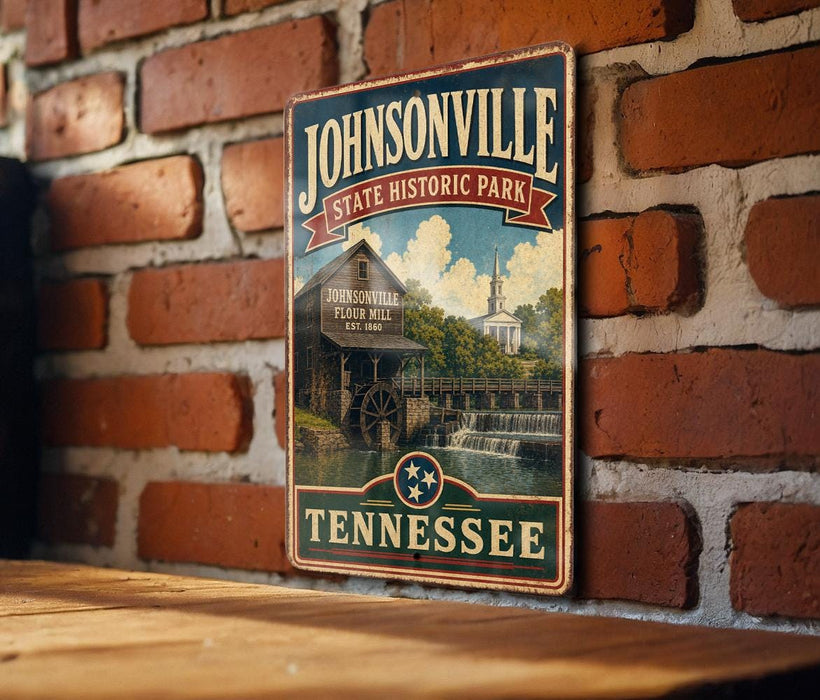 A vintage-style metal sign for Johnsonville State Historic Park in Tennessee, featuring a scenic illustration of a historic building and a waterfall.