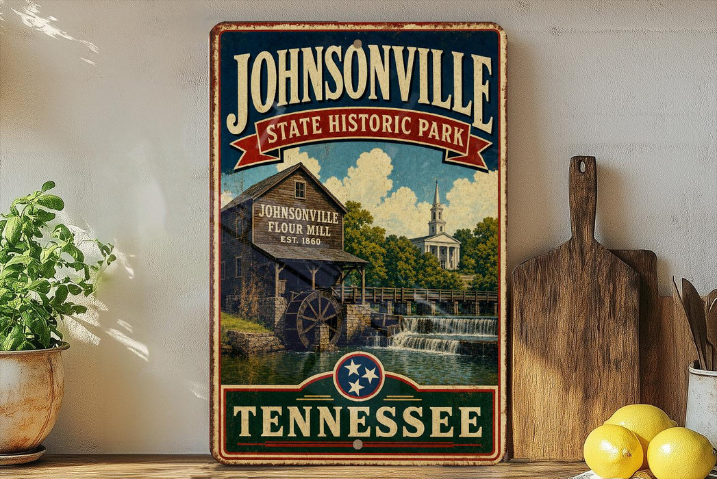 A vintage-style sign for Johnsonville State Historic Park in Tennessee, featuring a wooden building and a waterfall, is displayed on a shelf next to a wooden cutting board and some lemons.