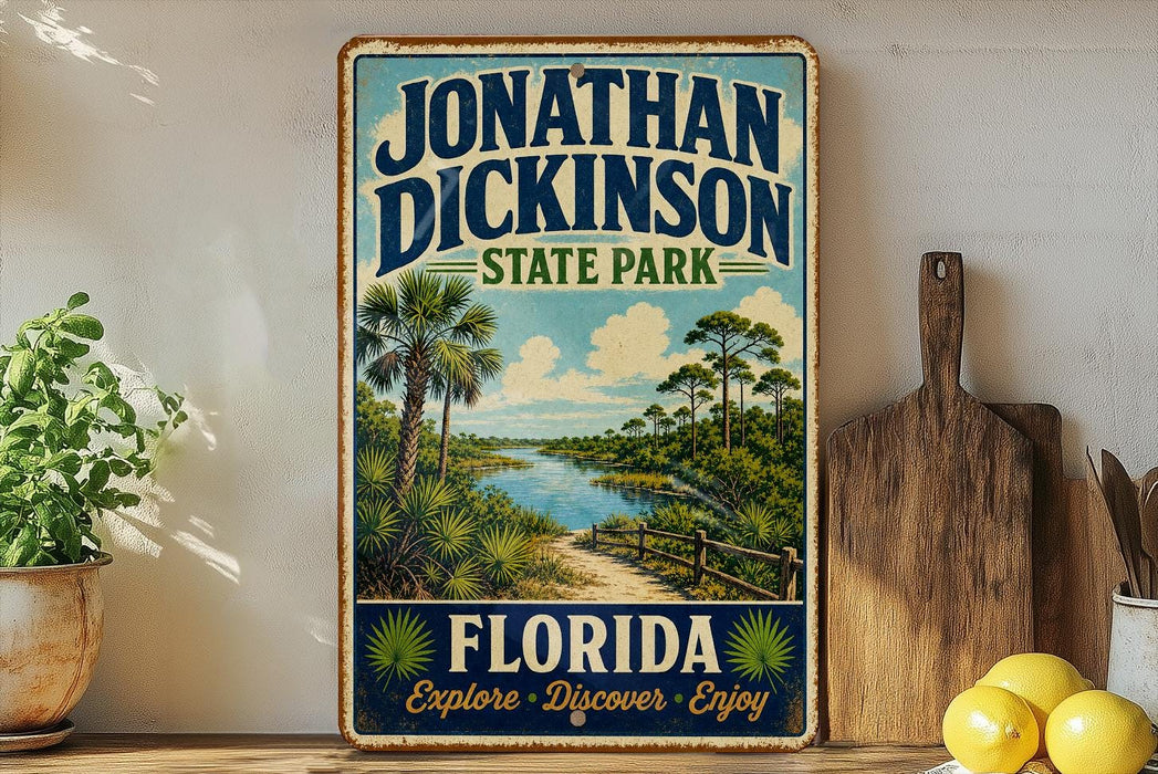 A vintage-style sign for Jonathan Dickinson State Park in Florida, featuring a scenic landscape with palm trees and a river.