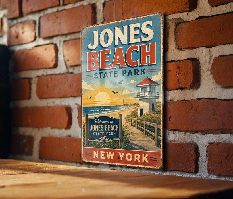 A vintage-style metal sign for Jones Beach State Park in New York, featuring a beach scene with a lighthouse and a welcome sign.