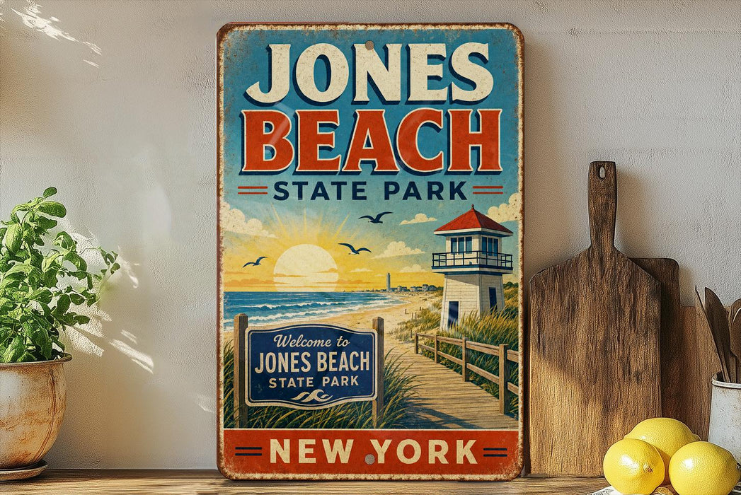 A vintage-style sign for Jones Beach State Park in New York, featuring a beach scene with a lighthouse and a welcome sign.