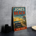 A vintage-style sign for Jones Beach State Park in New York, featuring a beach scene with a lighthouse and a welcome sign.