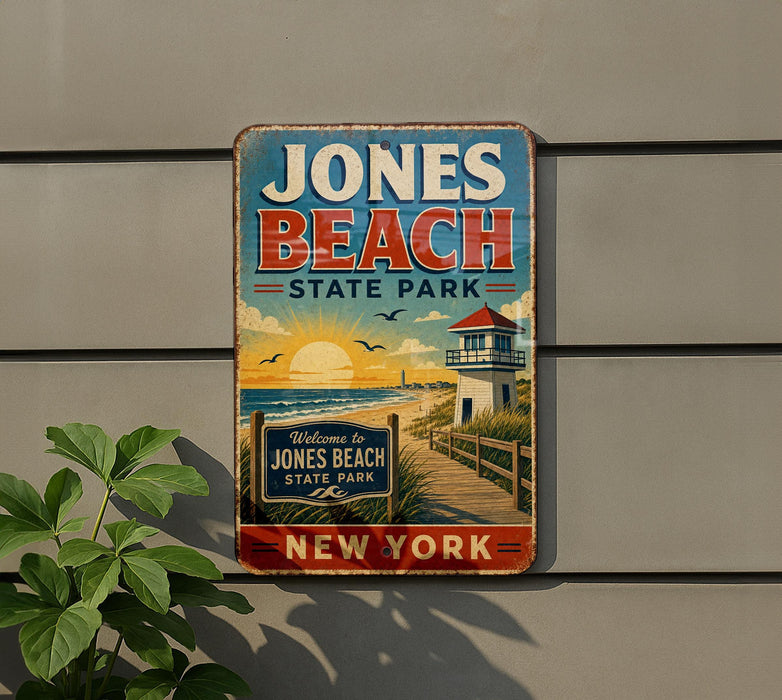 A vintage-style metal sign for Jones Beach State Park in New York, featuring a beach scene with a lighthouse and a welcoming message.