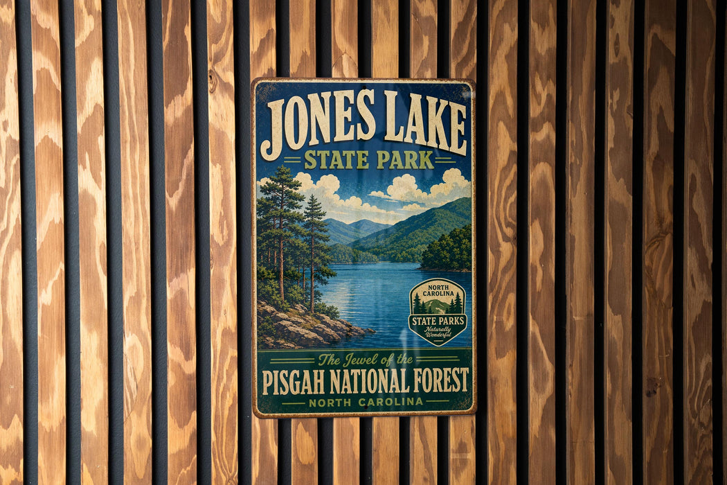 A vintage-style metal sign for Jones Lake State Park, featuring a scenic landscape with pine trees, mountains, and a lake.
