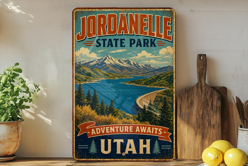 A vintage-style sign for Jordanelle State Park, featuring a scenic mountain landscape with a lake and pine trees.