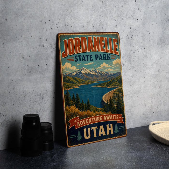 A vintage-style metal sign for Jordanelle State Park in Utah, featuring a scenic landscape with mountains, a lake, and pine trees.