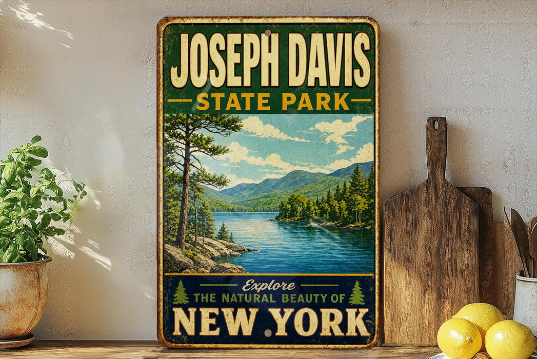 A vintage-style sign for Joseph Davis State Park, featuring a scenic landscape with mountains, pine trees, and a lake.