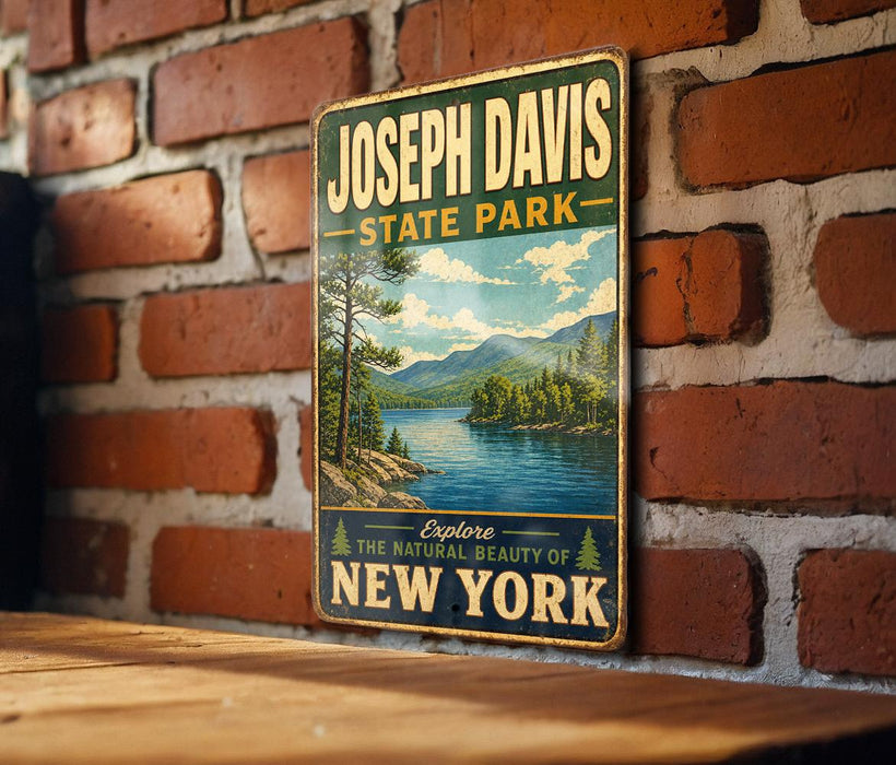 A vintage-style metal sign for Joseph Davis State Park, featuring a scenic landscape with mountains, trees, and a lake.