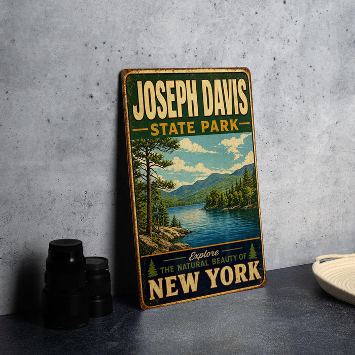 A vintage-style metal sign for Joseph Davis State Park, featuring a scenic landscape with a lake and mountains, is displayed on a gray concrete surface.