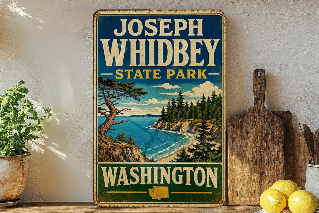 A vintage-style sign for Joseph Whidbey State Park in Washington, featuring a scenic landscape with pine trees, a body of water, and a rocky cliff.