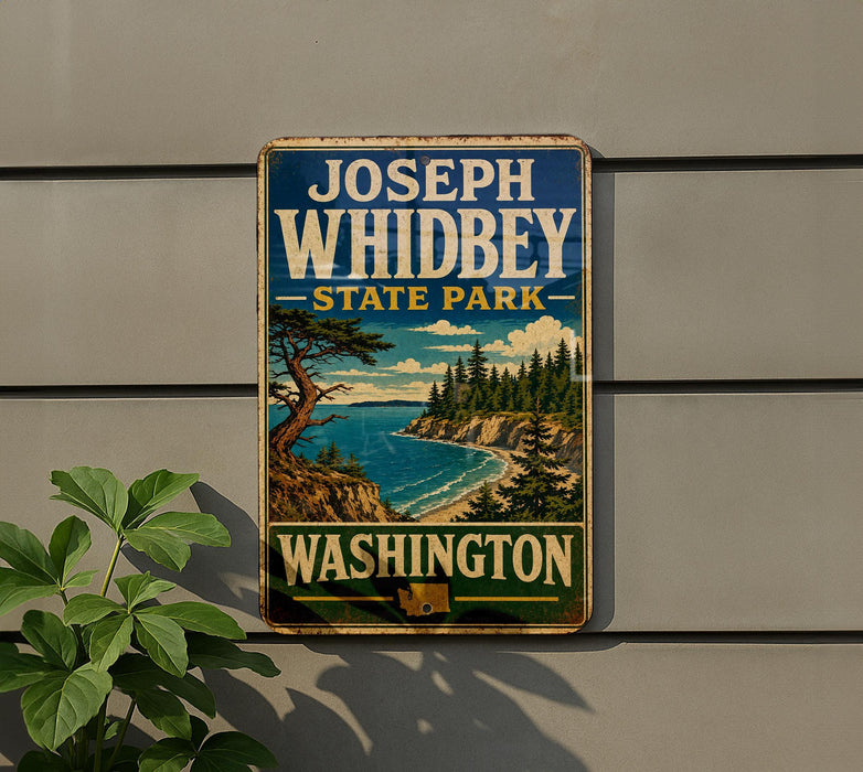 A vintage-style metal sign for Joseph Whidbey State Park in Washington, featuring a scenic landscape with a pine tree, a body of water, and mountains in the background.
