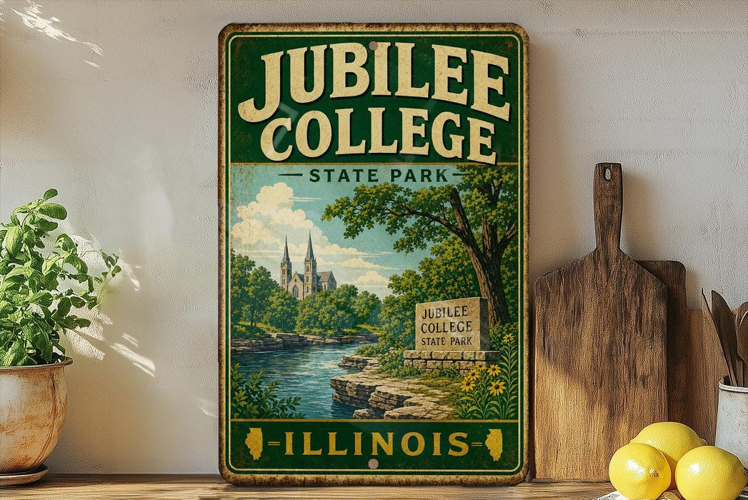 A vintage-style sign for Jubilee College State Park in Illinois, featuring a scenic landscape with a river and church spires.