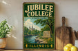 A vintage-style sign for Jubilee College State Park in Illinois, featuring a scenic landscape with a river and church spires.