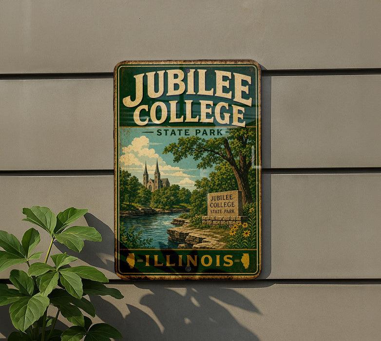 A vintage-style sign for Jubilee College State Park in Illinois, featuring a scenic landscape with a river, trees, and a church spire.