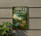 A vintage-style sign for Jubilee College State Park in Illinois, featuring a scenic landscape with a river, trees, and a church spire.