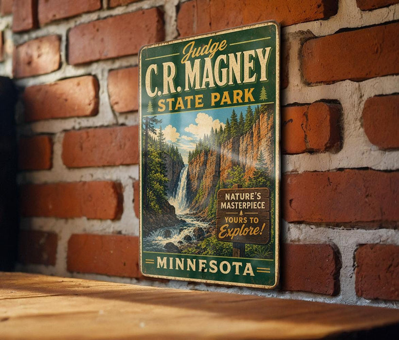A vintage-style metal sign for C.R. Magney State Park in Minnesota, featuring a scenic image of a waterfall and forest.