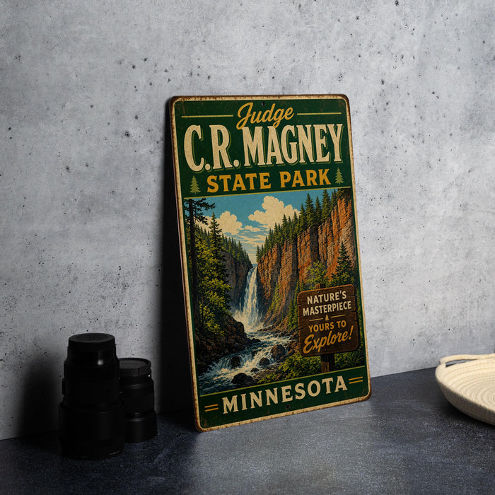 A vintage metal sign for C.R. Magney State Park in Minnesota, featuring a scenic image of the park's waterfall and surrounding nature.