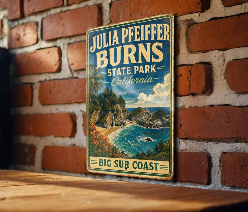 A vintage-style metal sign for Julia Pfeiffer Burns State Park in California, featuring a scenic coastal landscape with a beach, mountains, and a body of water.